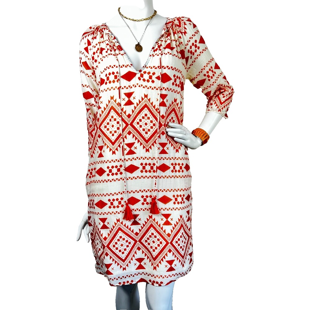 Dolma Phoebe Cotton Dress S Small Rust Red Tribal Geometric Tassel Boho High Low